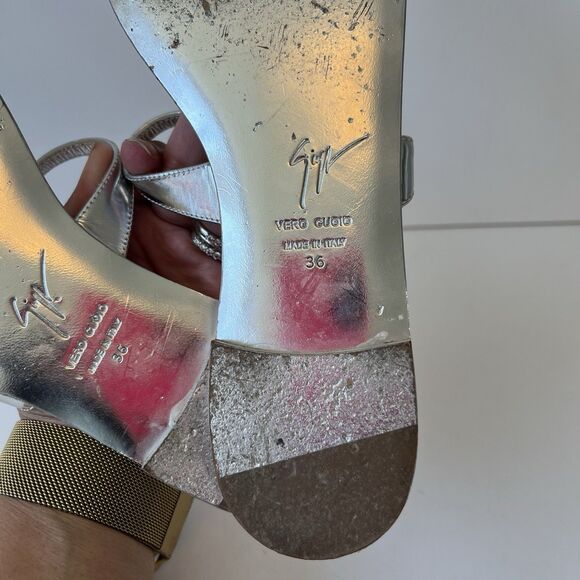 Giuseppe Zanotti Ring Silver Flat Sandals Crystal Embellished Toe Size 6/36 - Picture 14 of 14